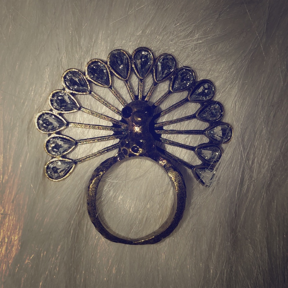 Peacock and rhinestone brass ring